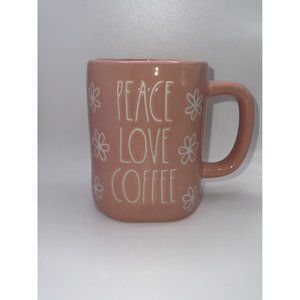 BRAND NEW 2023 Rae Dunn Pink Mug with LL PEACE, LOVE, COFFEE w/White Daisies